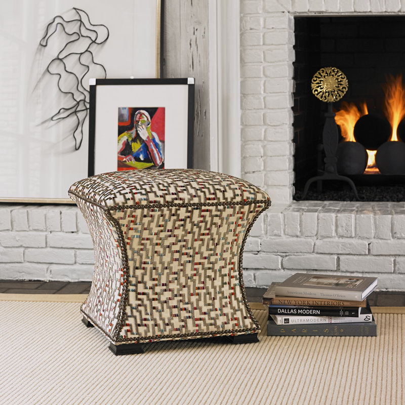 Cinched Upholstered Ottoman, American Walnut, Antique Brass Small, Stepping Stones Ivory Viscose