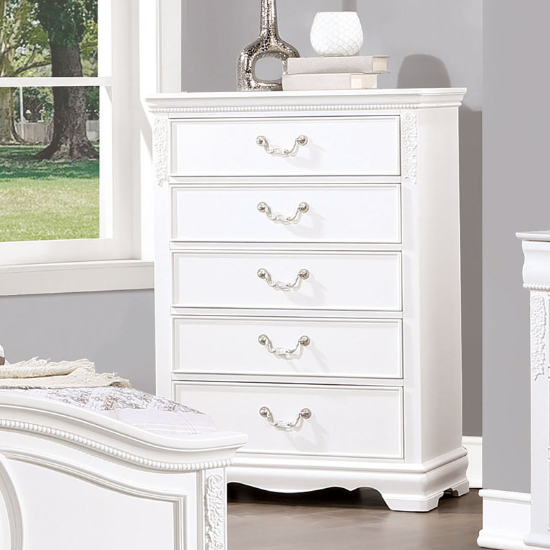 Commode 5 tiroirs en bois Milbern, Blanc