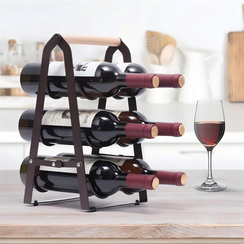 Étagère à vin autoportante en bois pour 6 bouteilles, porte-bouteille à 3 niveaux pour comptoir de bar, meuble de cuisine ou cave à vin. Aucun assemblage requis (noir).