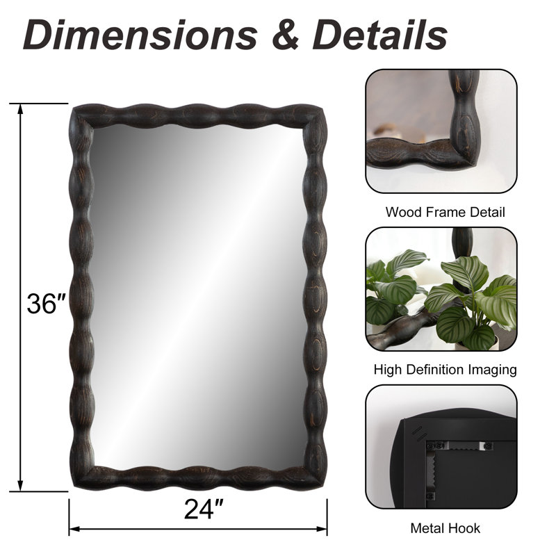 Marka 24''x36'' Natural Solid Pine Wood Frame Rectangle Flat Wall Mirror Wavy Design For Entry way&Bathroom, Black