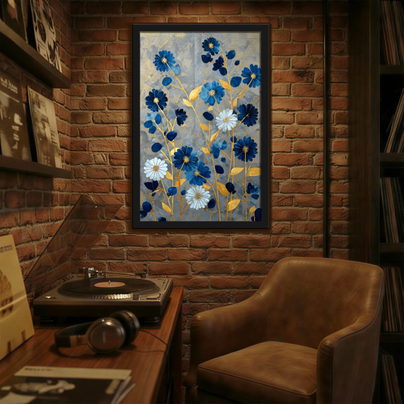 Plantes et fleurs à motif floral bleu et doré sur fond gris, H 18 po x l 12 po