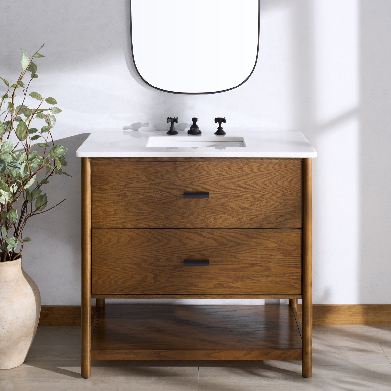 Kaplan 36" Genuine Marble Single Bathroom Vanity, Medium Oak