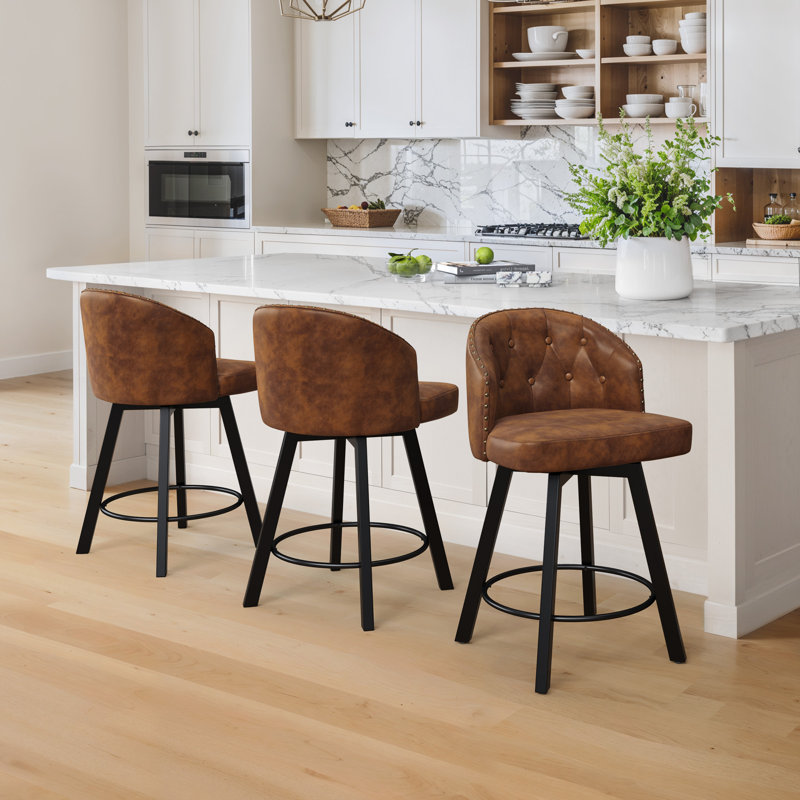 26" Swivel Upholstered Counter Stool With Diamond Button-Tufted Backrest And Metal Frame, Brown/Faux Leather