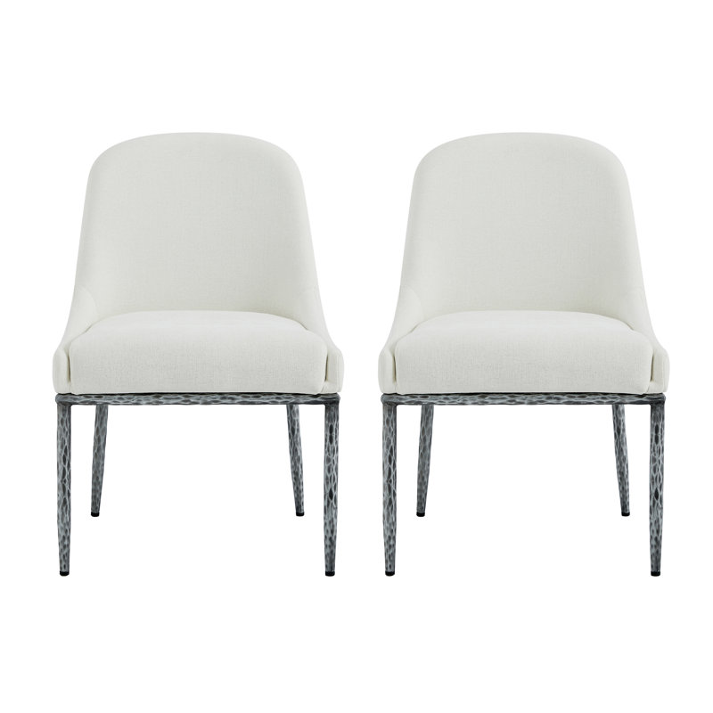 Urbina Modern Glam Upholstered Dining Chairs with Hammered Iron Legs, Beige Cushion/Forged Pewter Frame