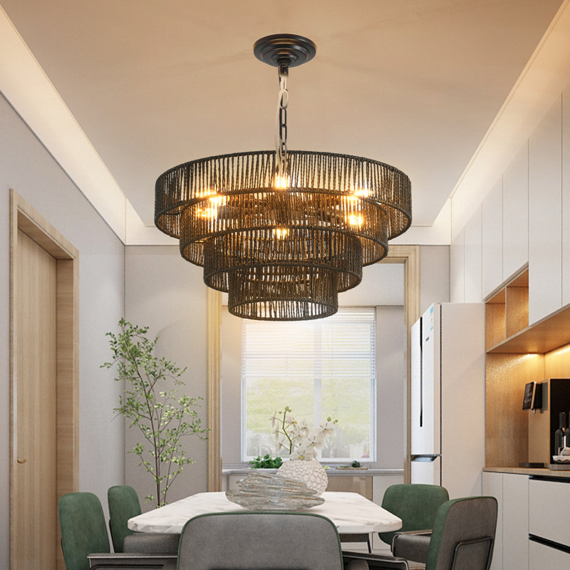Luminaire suspendu moderne en corde de chanvre, style bohème, Six lumières, Noir mat