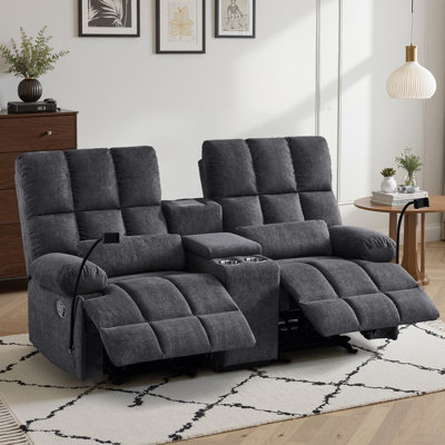 Manual Rocker Reclining Loveseat With Center Console, Plush Cat-proof Fleece Upholstery, Hidden Storage & Charging Ports