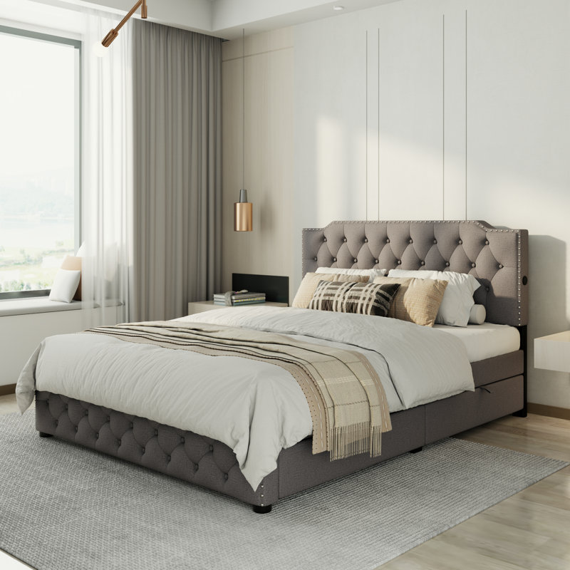 Grand lit plateforme capitonné en lin Carveth Classic avec ports USB intégrés et lit gigogne simple, gris