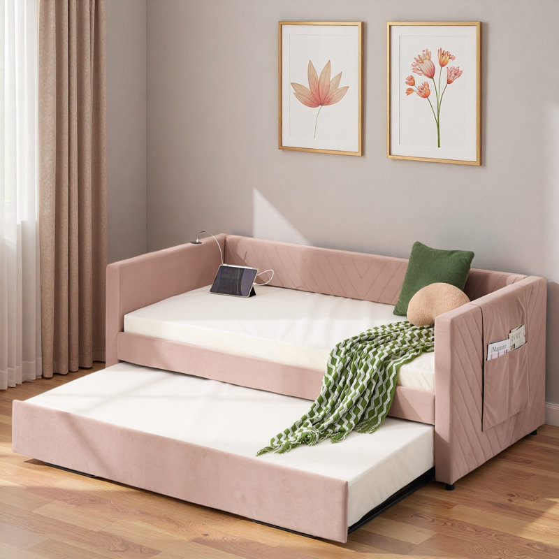 Upholstered Daybed With Trundle, Usb Port And Side Pockets, Pink