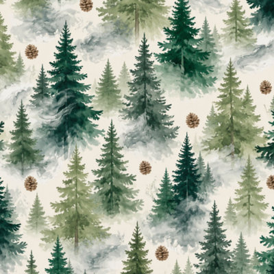 Forest Peel and Stick Wallpaper Misty Pine Forest Landscape Foggy Mountains Soft Watercolor Wall Mural 17.7"W x 118"H Self Adhesive Removable Wall Paper Renter Friendly Wallpaper for Nursery Bedroom Cabinets