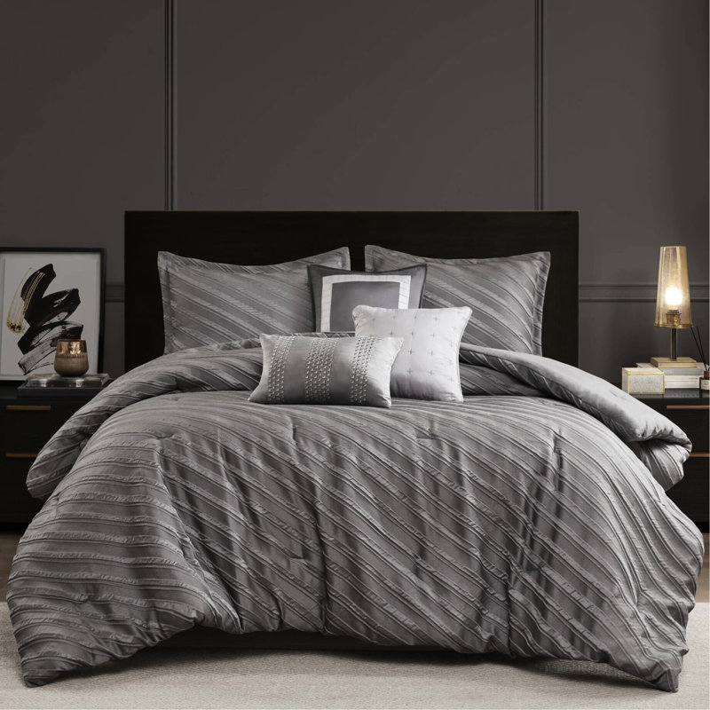 7 Pcs Grey Queen Comforter - Diagonal , Stylish Bedding With Shams, Pillows, , All Season Coziness Transitional Style Soft , , Safe And Comfortable Use