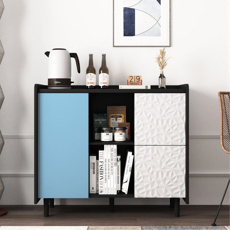 Modern Storage Cabinet With Black And Red Colors, 2 Drawers Open Sections, For Kitchen, Dining Room, Living Build Sideboard Doors Drawers, Buffet Ample Storage, Made