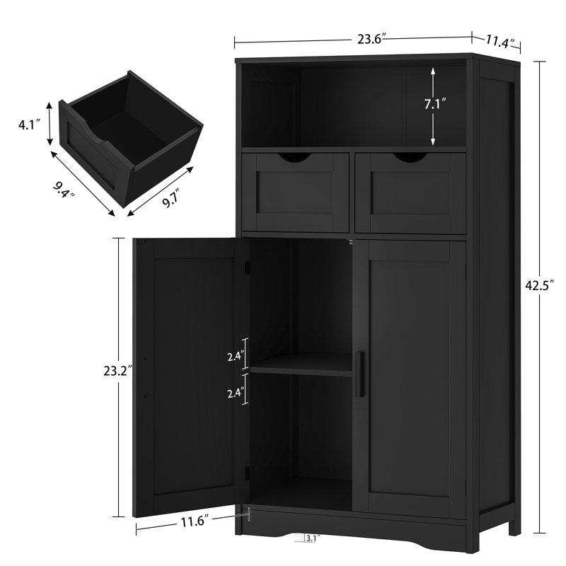 Millwood Pines Large Storage Cabinet,Bathroom Storage Cabinet With 2 Adjustable Drawers & 2 Shelf, Black