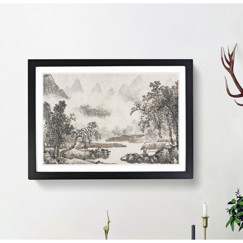 Clouds over the River by Shen Zhou - Picture Frame Painting Print, Black Framed, 27cm H x 36cm W x 2cm D