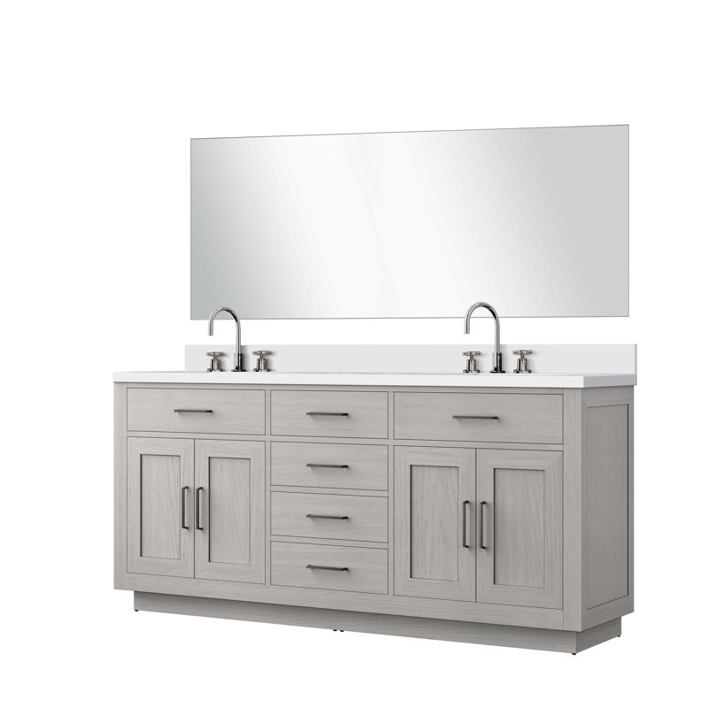 Ensemble de meuble-lavabo double 72 "avec miroir, Chêne brun, Quartz blanc