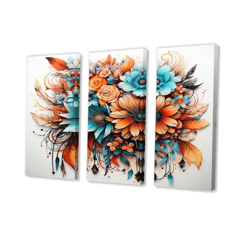 DesignArt Red Boho Flowers And Blue Feathers I On Canvas 3 Pieces Print ...