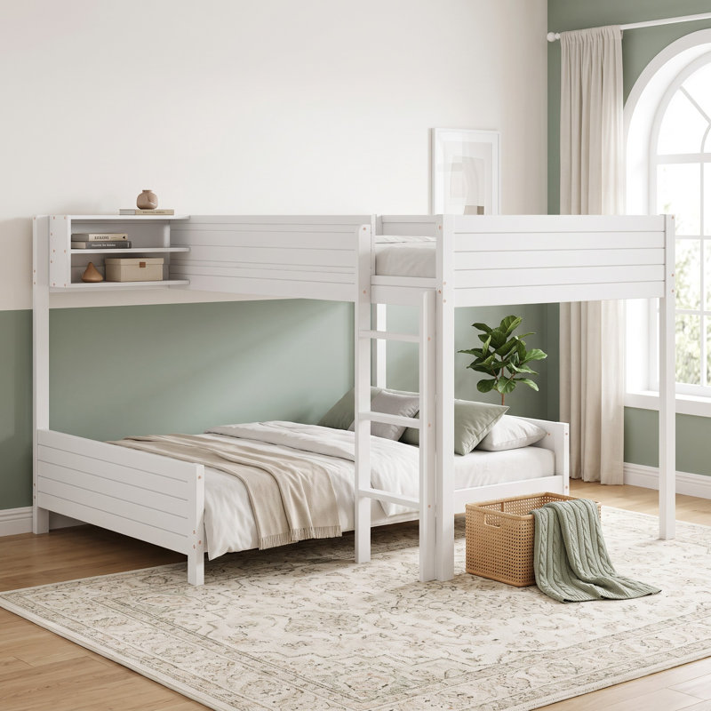 Lit superposé pour enfant avec tablette de rangement intégrée et échelle, support de lattes, ferme moderne, chambre d'enfant