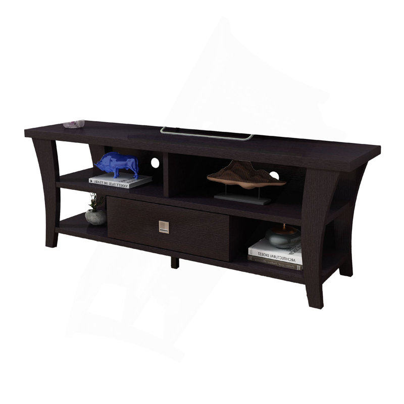 Meuble télé avec pieds courbés en bois et 4 tablettes, 60 po