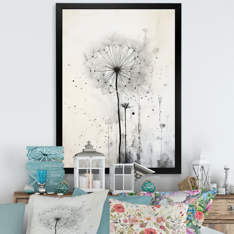 Dandelion Mute Tone I - Pissenlit, art mural, H 32 po x l 16 po x P 1 po, Cadre simple noir