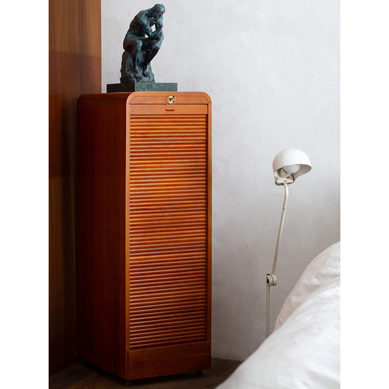 Vintage Solid Cherry Wood Rolling Shutter Storage Cabinet with Lockable Mobile Design