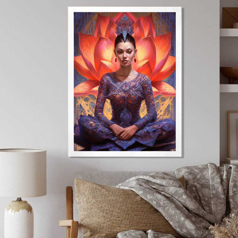 Femme mauve, rouge et yoga sur toile, Cadre simple blanc, H 40 po x l 30 po x P 1,5 po