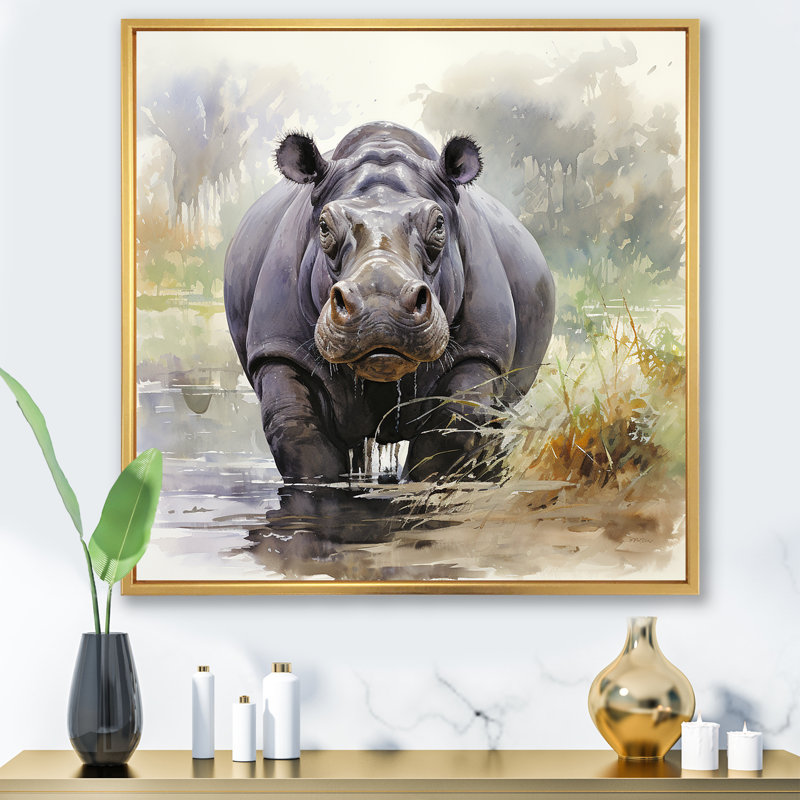 Hippopotame gris serein majestueux - Hippopotame, H 36 po x l 36 po x P 1,5 po, Cadre flottant doré
