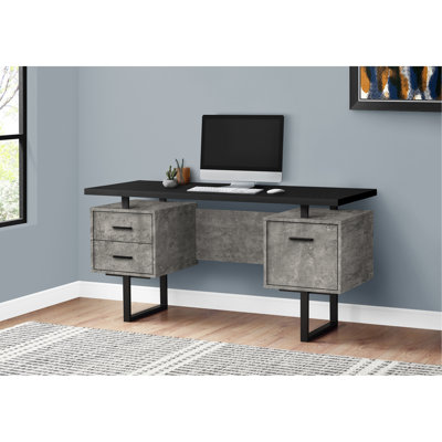 Bureau d'ordinateur, bureau personnel, ordinateur portable, installation à gauche, à droite, tiroirs de rangement, L 60 po, bureau, stratifié de béton noir et gris, métal noir, contemporain, moderne