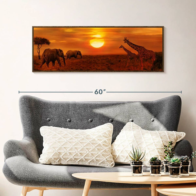 Coucher de soleil africain, 43 po x 15 po, Cadre flottant noyer