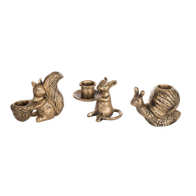 Iron Animal Taper Candle Holders, Gold, Metal, Set of 3, Tabletop, Mantel, Living Room, Spring, Home Decoration