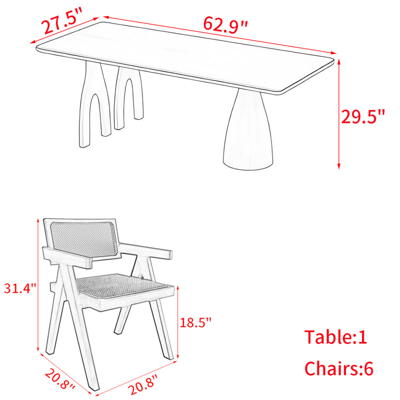 Japanese solid wood rectangular dining table set, 7, 29.5"H x 62.9"L x 27.5"W