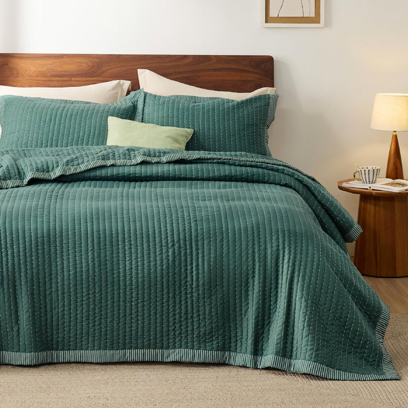 Bedspread Coverlet Lightweight Soft Quilt Bedding Set, Twin Quilt + 1 Standard Pillow Sham, Dark Green Corduroy