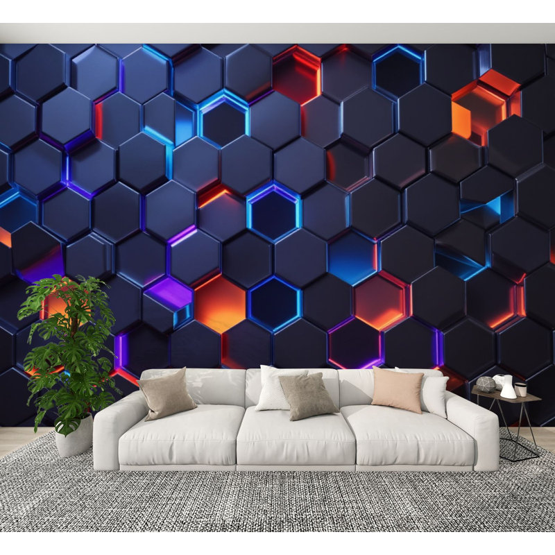 Papier peint Neon Peel and Stick Futuristic Hexagon Neon Glow Blue Red Mauve, L 144 po x l 100 po