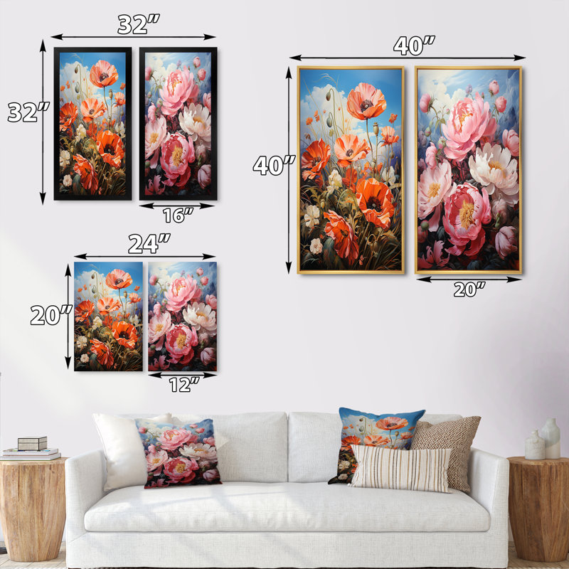 «Meadow Poppy Peony Paradise» 2 - pièces sur, Encadrement doré, H 40 po x l 40 po