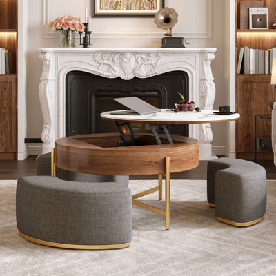 Table basse moderne à plateau relevable avec rangement caché, plateau en placage et en pierre frittée, 3 repose-pieds gigognes rembourrés, conception peu encombrante, entièrement assemblée