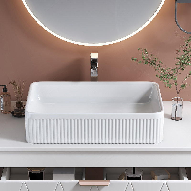 Lavabo vasque de salle de bain rectangulaire blanc en céramique avec bonde