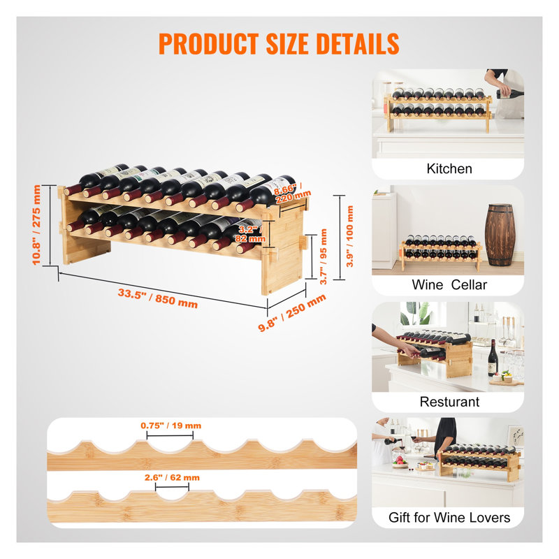 18-Bottle Stackable Bamboo Wine Rack - Modular 2-Tier Wood Countertop Display Shelf for Kitchen & Bar