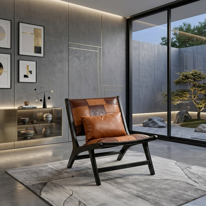 Scandinavian Accent Chair with Solid Wood Frame - Modern Boho Lounge Chair for Indoor & Covered Outdoor Use, 10-Minute Assembly Mid-Century Reading Chair for Living Room & Bedroom