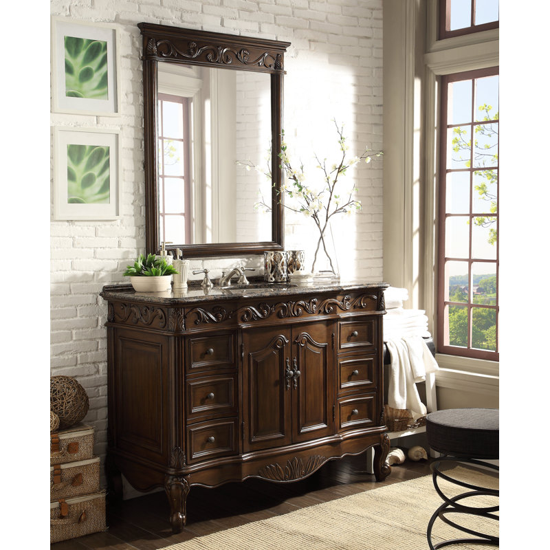 Meuble-lavabo traditionnel de Beckham de 107 cm (42 pouces) en merisier brun, avec miroir, lavabo simple et comptoir en granit Baltic Brown. Entièrement assemblé.