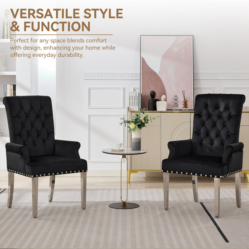 Tufted Upholstered Dining Armchair with Chrome Legs, Black