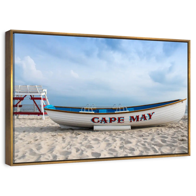 Bateau au cap May, 19 po x 13 po, Cadre flottant doré