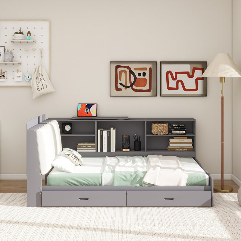 Wood  Platform Bed With Storage Headboard, Shelves And 2 Drawers,, Gray, Twin