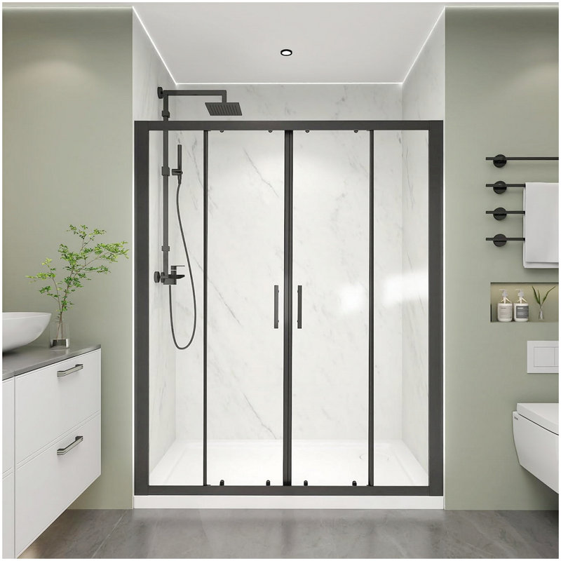 Porte de douche coulissante à double cadre l 60 po x H 72 po Comfystyle, avec verre trempé clair de 1/4 po (6 mm), fini noir mat