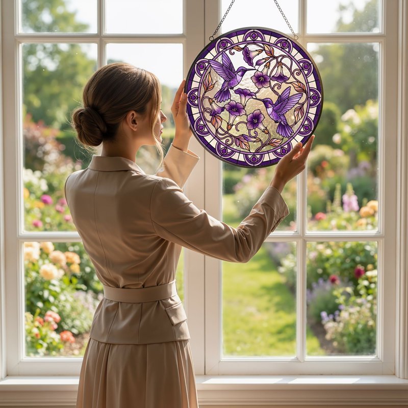 Vitrail de vitrail Hummingbird Floral - 7,8 H, H 7,8 po
