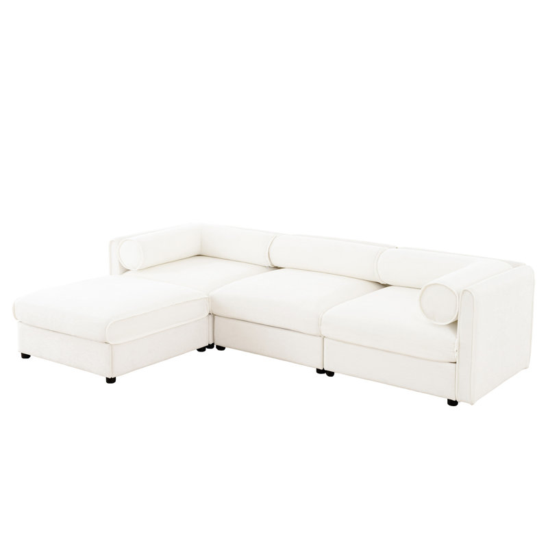 Upholstered Loveseat Sofa With Ottoman, White Chenille, 27.9" H x 109" W x 37.4" D
