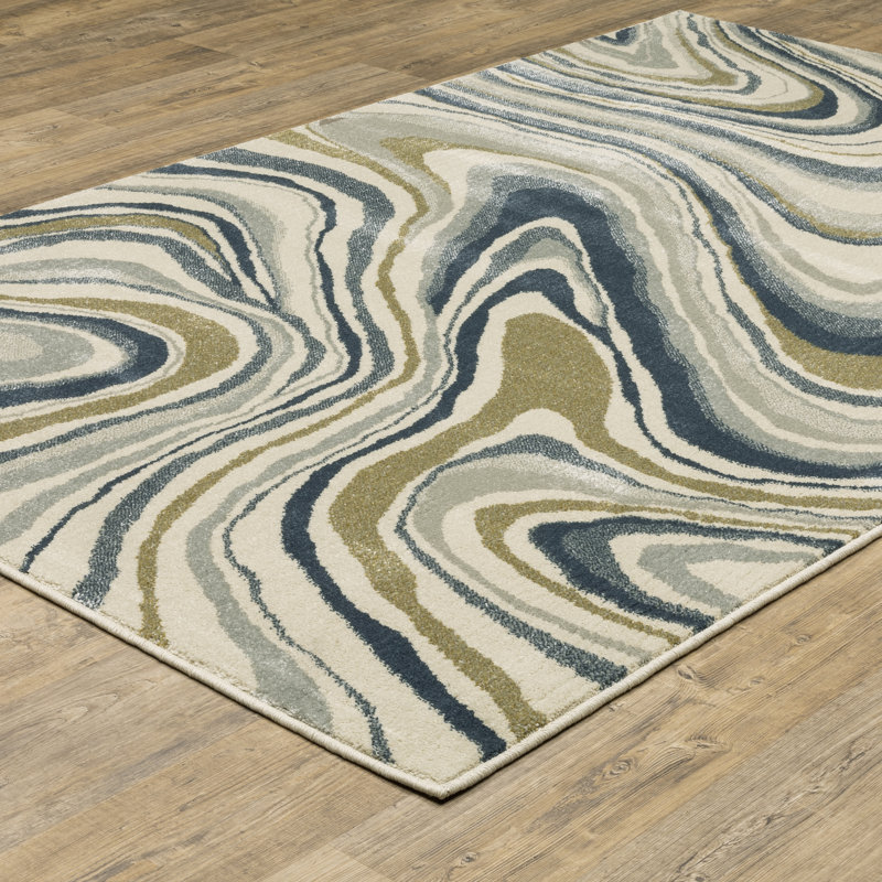Tapis ivoire / bleu sarcelle Debary, Rectangle 9 pi 10 po x 12 pi 10 po
