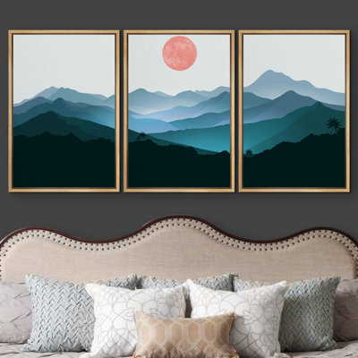 Abstract Mountain " Navy Blue Nordic Style Theme Abstract Sun And Mountains Simple And Minimalist Landscape " 3 - Pieces