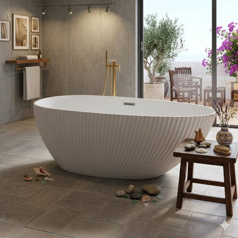 59”/67” Freestanding Acrylic Soaking Tub – Deep Soak Design, Eggshell Vertical Ribbed Texture, Chrome Pop-Up Drain for Modern Bathrooms