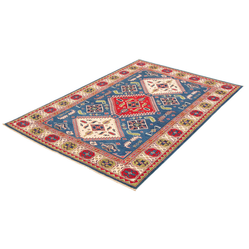 Tapis unique en laine noué à la main 6 pi 7 po x 9 pi 10 po nouvel âge Mortin en bleu / rouge