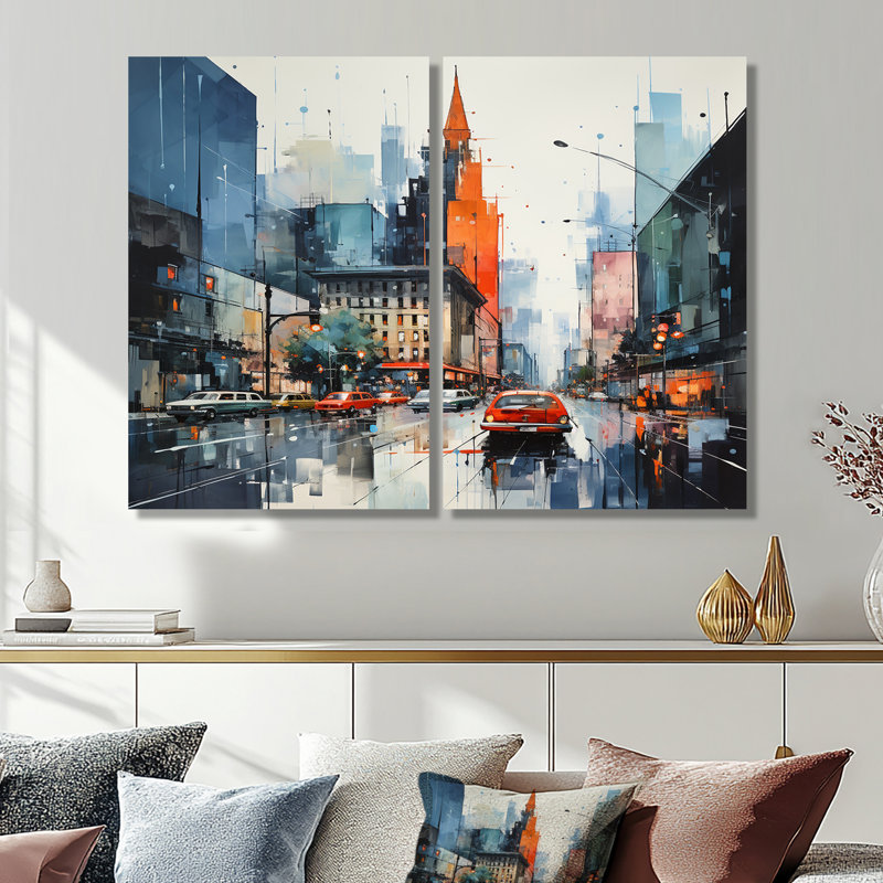 Bleu, gris, Mid Century, Mid-Century, Metropolis I - art mural moderne multicolore Mid-Century, H 36 po x l 48 po