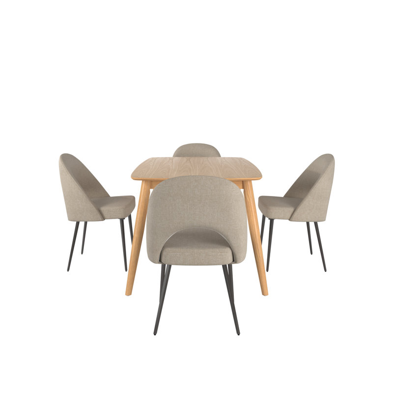 Farias Mid-Century Modern Tapered Dining Set, Herringbone Fabric, 59" Dining Table And 4 Chairs, Natural, Beige