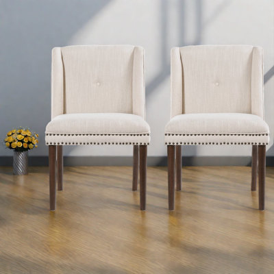Modern Dining Chairs Set Of 2, Beige Fabric Wood Legs, Rivet Kitchen